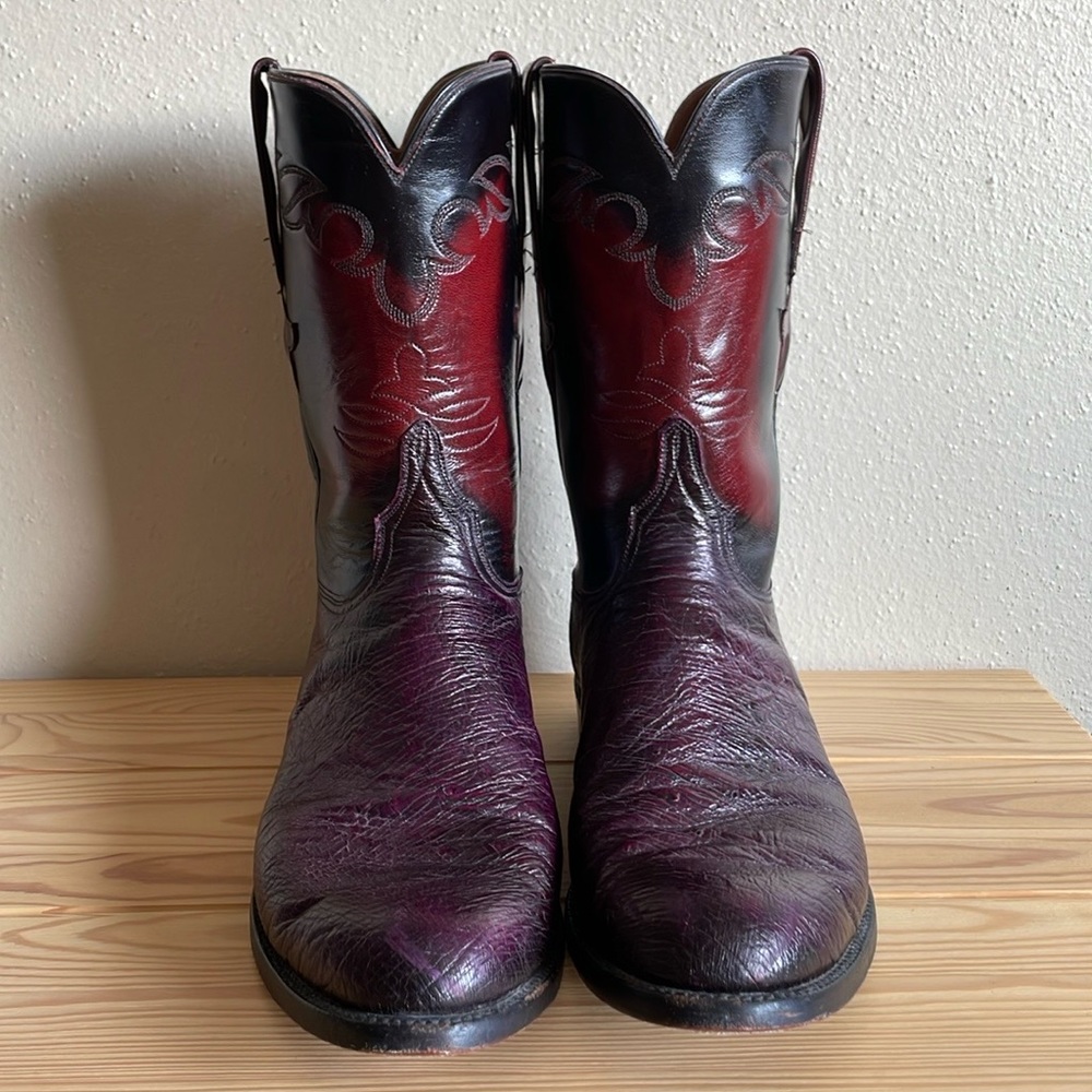 Lucchese Smooth Ostrich Quill Black Cherry Leather Roper Boots Mens sz 12 D